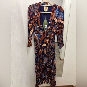 FARM Rio Women’s Navy Floral Faux Wrap Dress with Blue and Brown Accents